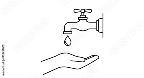 Water drop falling from faucet into open hand for washing