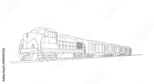 Detailed line drawing of a classic passenger train on railway tracks.