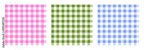 Set pink, green and blue gingham seamless patterns. Picnic kitchen tablecloth texture. Different form checkers. Vector illustration