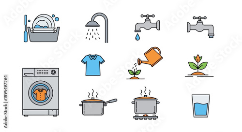Collection of everyday household chores and tasks represented by icons