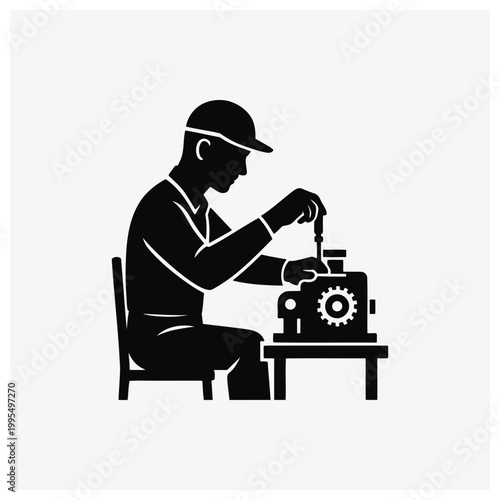 Worker operating a machine tool or lathe