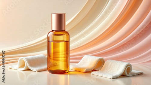Amber cleansing oil bottle with soft towels in a wide skincare composition