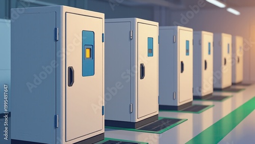 Depot equipment cabinet row in a clean industrial facility corridor