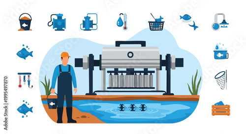 Fish Farming Technology. Aquaculture System Illustration. Modern Fish Farm. Industrial Equipment.
