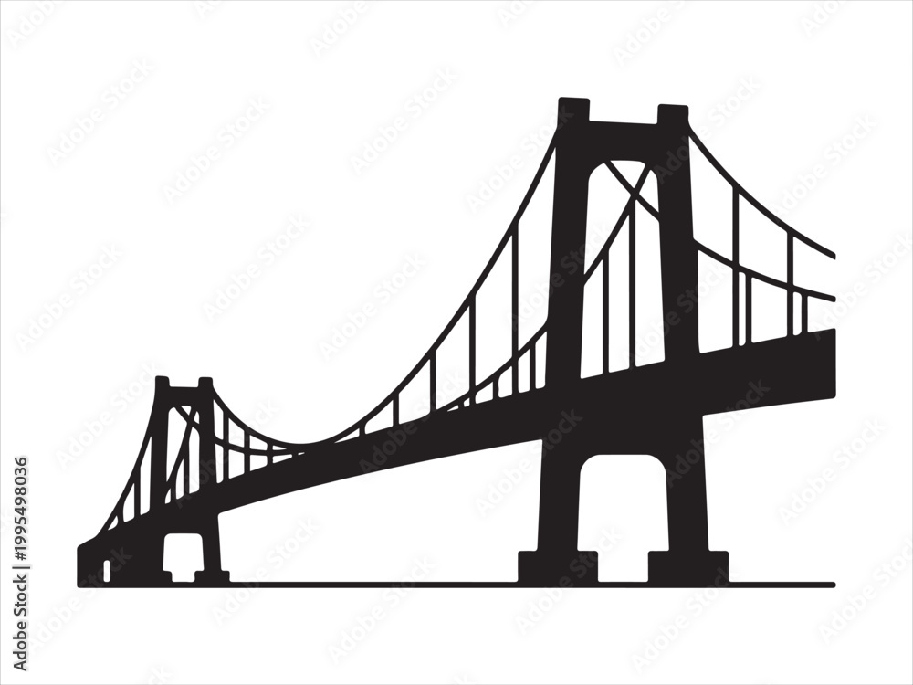 Fototapeta premium Vector iconic suspension bridge in black silhouette with dramatic shadows illustration, city landmark transport design 