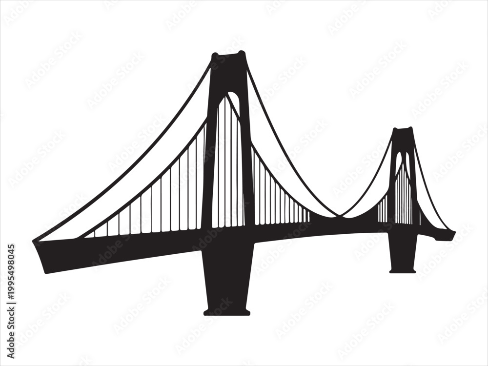 Fototapeta premium Vector iconic suspension bridge in black silhouette with dramatic shadows illustration, city landmark transport design 