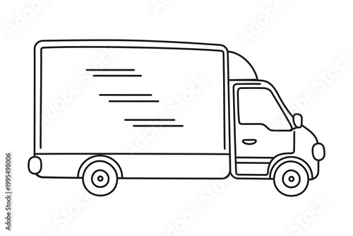 Cute delivery truck icon, black and white outline vector illustration for kids coloring page. Cargo transport and shipping vehicle, line art drawing, isolated clipart on white background