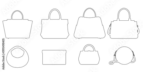 Vector set of black contour silhouette of various bags. Fashionable set of outline purses clip arts