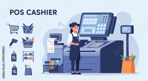 POS Cashier Service. Retail Store Concept. Flat Vector Illustration. Shopping Checkout Scene.