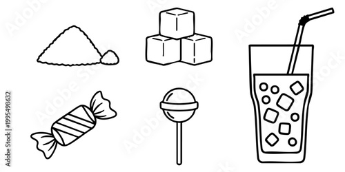 A colorful illustration of sweet treats and drinks on a white background with sugar, cubes, candy, lollipop, and soda.