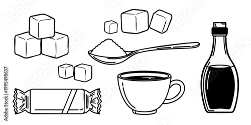 A still life illustration of sugar cubes, a spoon, candy, a cup of coffee, and a bottle of syrup on a table indoors.