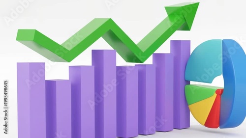 Upward trending financial graph with colorful bar and pie charts symbolizing growth and success