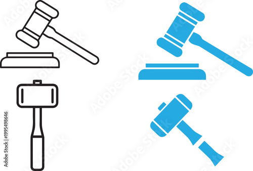 Judge gavel icons in outline and solid blue styles representing law, justice, auction, court authority, legal decision concept, modern clean vector illustration set
