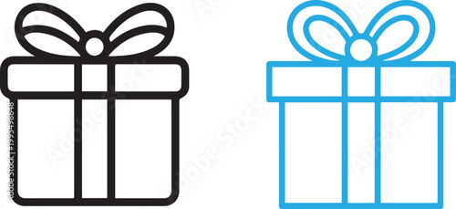 Outline gift box icons in black and blue colors with ribbon bow, present symbol, celebration packaging, holiday surprise concept, clean line vector illustration