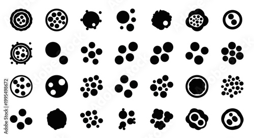 Black dots, circles, and clusters, 25 vector icons, geometric shapes, abstract symbols, design elements