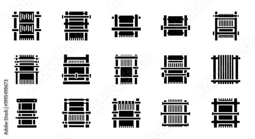 Fence, gate, barrier icons, black and white, vector graphics, 16 elements