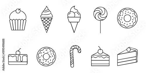 A variety of sweet treats including desserts and candies are illustrated.