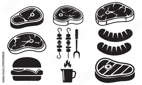 Black and white illustration of various cuts of meat and grilling tools