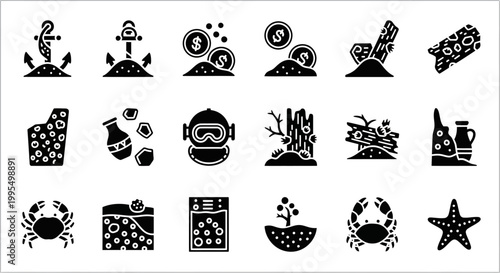 Black and white ocean icons set, sea creatures, beach symbols, 20 vector graphics