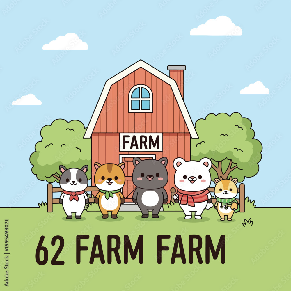 Fototapeta premium A group of cartoon animals standing in front of a red barn with a sign that reads 'FARM' on a green