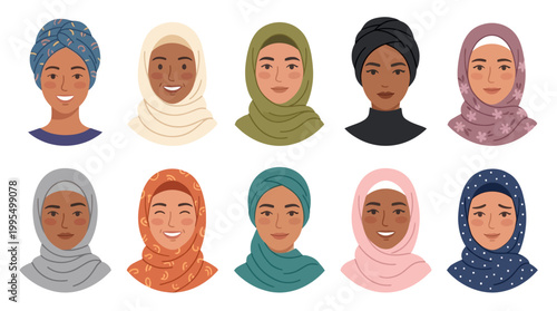 Hijab Woman Avatar Vector Set – Beautiful Muslim Women Cartoon Character Collection