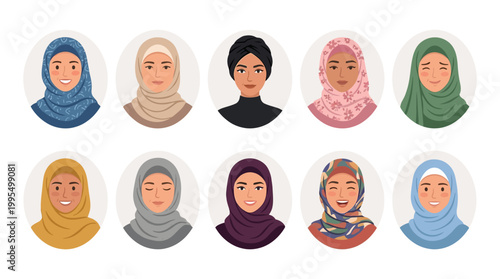 Hijab Woman Avatar Vector Set – Beautiful Muslim Women Cartoon Character Collection