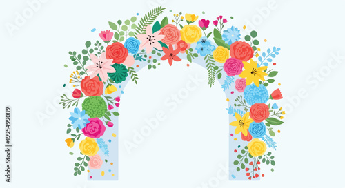 A colorful floral arch with various flowers and leaves