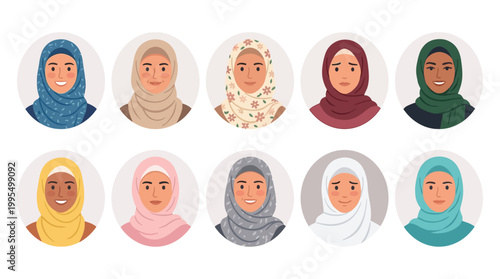 Hijab Woman Avatar Vector Set – Beautiful Muslim Women Cartoon Character Collection
