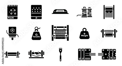 Industrial tools, mechanical icons, 16 black silhouette symbols, industrial equipment, machinery graphics