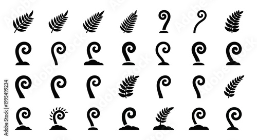 Black swirl, leaf, and feather icons, 20 vector graphics, decorative elements, swirling shapes, monochromatic illustrations