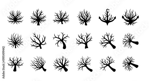 Black tree silhouettes, forest icons, tree branch graphics, 20 tree symbols