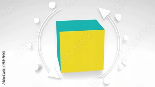 Abstract 3D cube with circular arrows symbolizing process and transformation