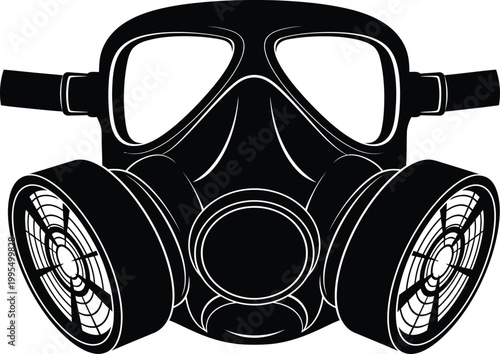 Industrial Black and White Gas Mask Vector Illustration Featuring Dual Filters and Protective Goggles for Safety Respiratory Protection and Environmental Biohazard Awareness