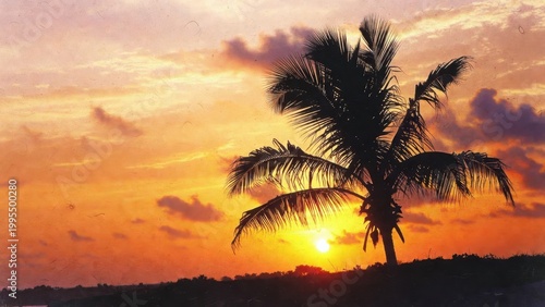 Single palm tree framing sun over vibrant sunset shore