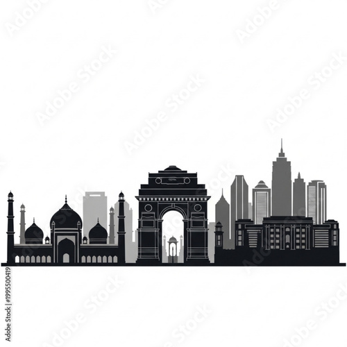 A black and white vector graphic illustration of the India Gate and other famous landmarks in New Delhi, India, set against a modern city skyline