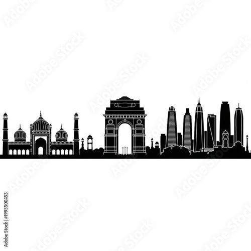 A black and white vector graphic illustration of the New Delhi skyline, featuring iconic landmarks like India Gate and the Taj Mahal, set against a modern cityscape with sleek skyscrapers.