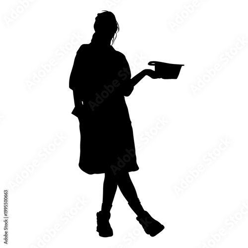 A silhouette of a person standing with one leg crossed over the other, holding a pouch.