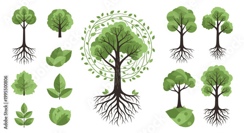 Modern, minimalist icons of a tree and leaf, evoking growth and natural harmony. Perfect for website design, branding, and illustrating eco-friendly c