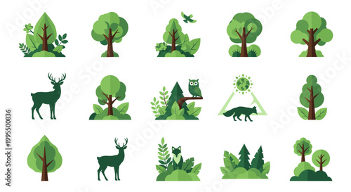A minimalist icon set featuring a deer and a tree. Evokes a sense of serenity and connection to nature, suitable for eco-friendly branding and design 
