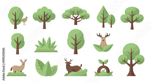 A whimsical, flat vector illustration featuring a deer standing peacefully amidst lush greenery. Perfect for children's content, marketing materials o