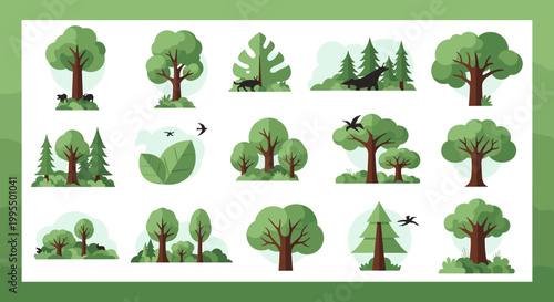 A cheerful illustration of a simplified forest, evoking feelings of peace and growth. Perfect for website backgrounds, presentations, or marketing mat