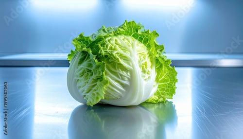 A Single Perfectly Formed Head of Crisp Iceberg Lettuce with Outer Leaves Slightly Wavy, Showcasing Freshness and Vibrancy