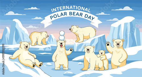 A colorful illustration of polar bears on icebergs