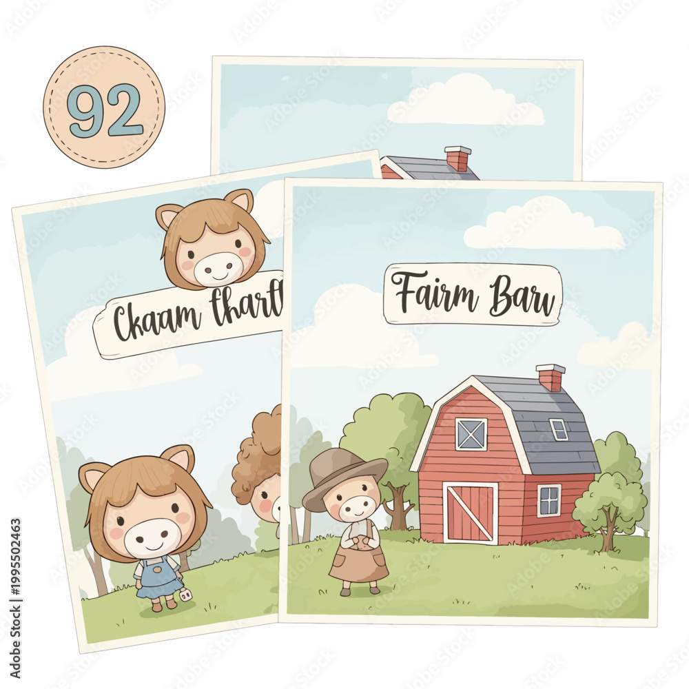 Fototapeta premium Illustration of a red barn with a girl and a bear in a green field with trees under a blue sky with