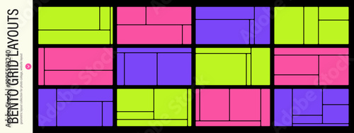 Set of bento grid designs. Rounded tile compositions for photo collages, mood boards, galleries and social media banners.