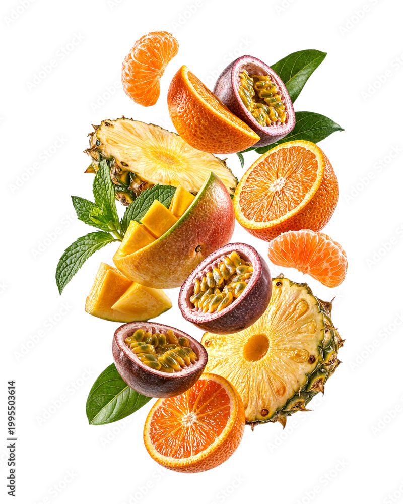 Fototapeta premium Floating tropical fruits with pineapple, mango, orange and passion fruit on transparent background