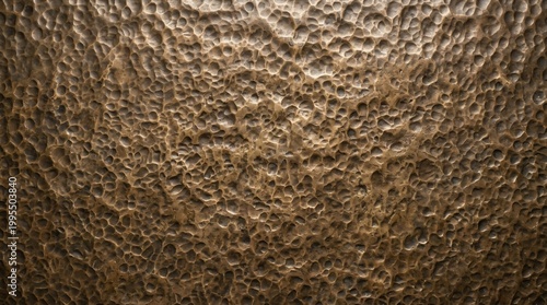 Close-up of a textured, hammered metal surface with a rustic, antique bronze finish, showcasing intricate details and reflections.