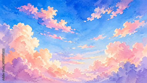 A dreamy watercolor sky featuring soft pastel clouds glowing in pink peach and lavender tones across a vibrant blue sunset horizon illustrated in a serene atmospheric style.