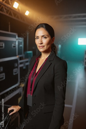 Elegant woman event operations planner portrait in a moody production space
