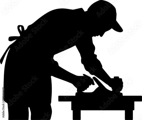 Black Silhouette of a Carpenter Using a Manual Hand Plane to Smooth Wood on a Workbench